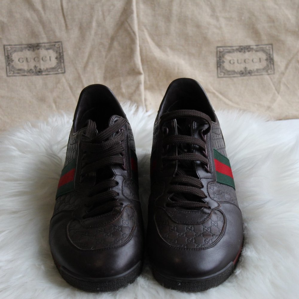Authentic Gucci Lace-Up Sneaker/Brown, Green & Red Color